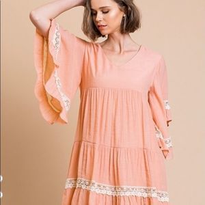NEW TIERED Peach babydoll dress with lace detail
